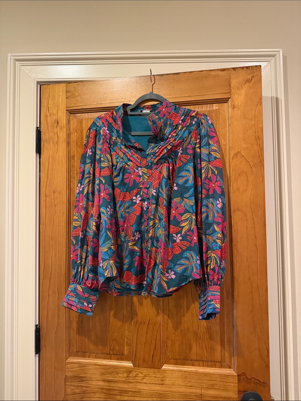 Fate Teal Floral Button-Up Blouse with Pink & Yellow Accents